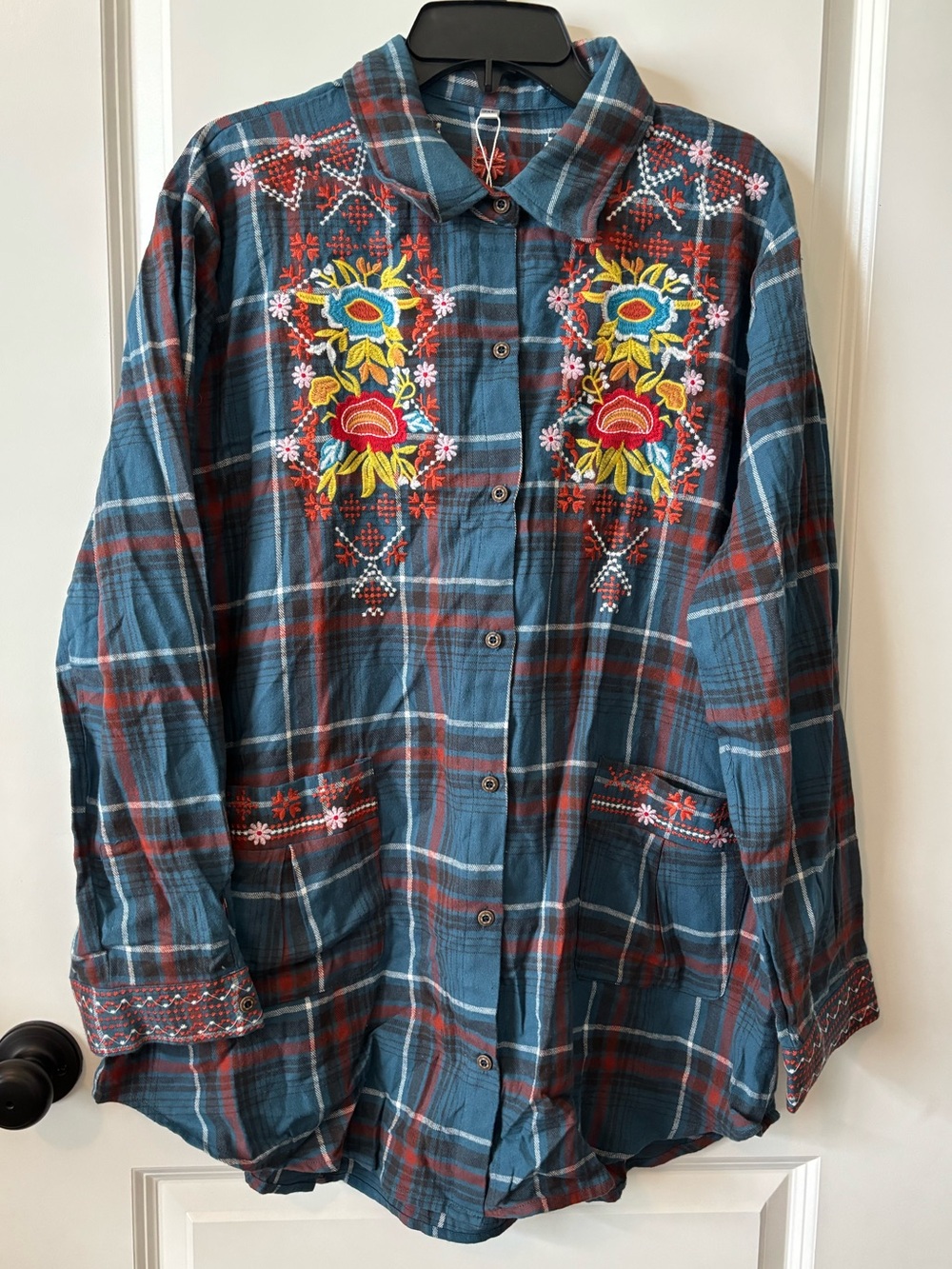 KOMILI 3XL Embroidered Plaid Button Front Tunic Shacket Boho Floral Top NEW - Picture 2 of 7